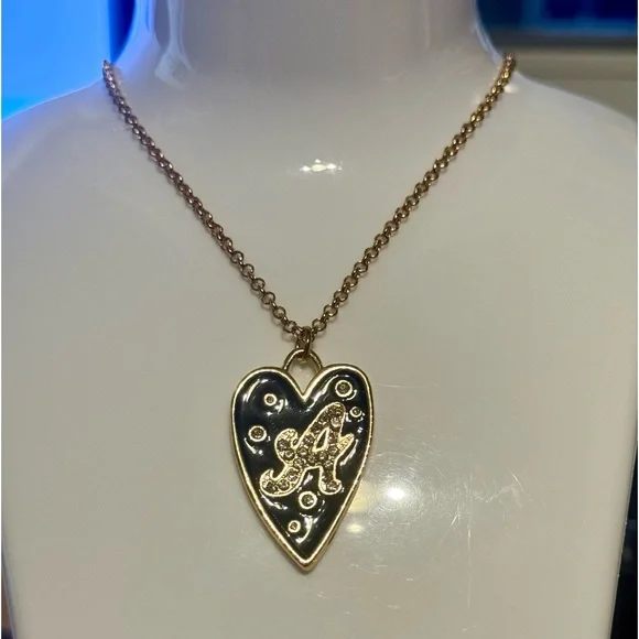 Gold Tone Initial “A” Black Heart Rhinestone Pendant Necklace - Picture 2 of 4